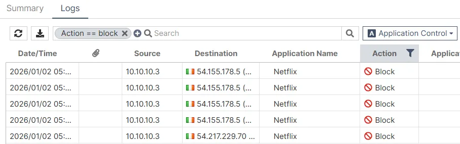 FortiGate logs showing blocked Netflix application traffic