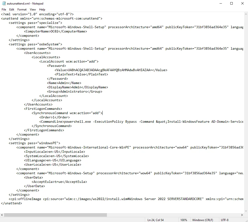 autounattend.xml for DC01 — windowsPE, specialize, and oobeSystem configuration