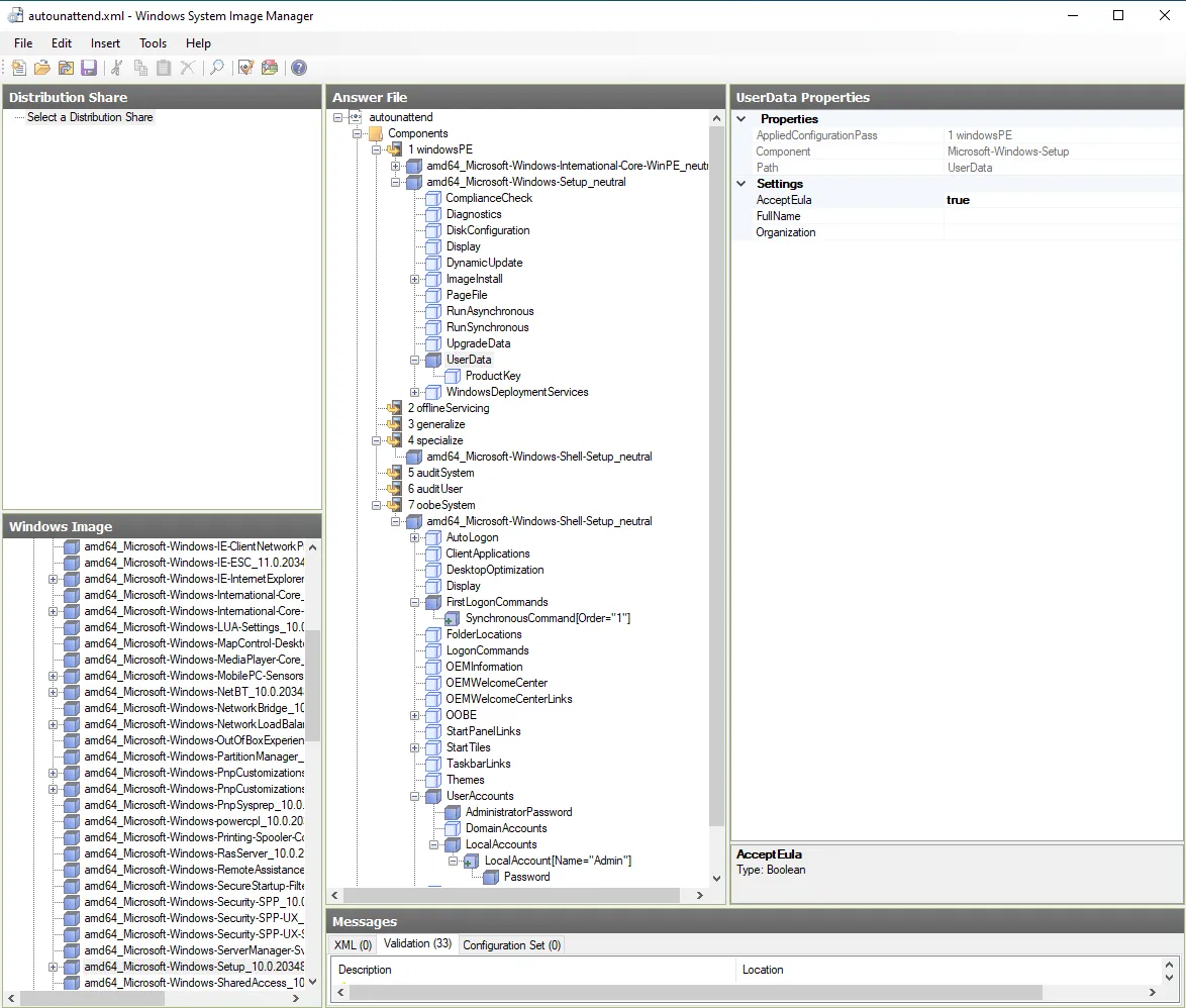 WSIM configuration — windowsPE AcceptEula, oobeSystem LocalAccounts and FirstLogonCommands