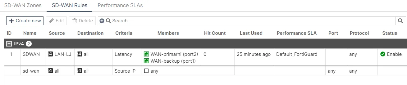 SD-WAN rule showing link selection criteria and zone members