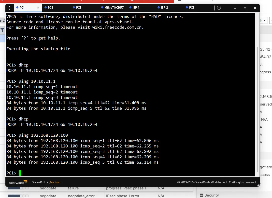 Successful ping from PC1 to PC3 through the IPsec tunnel
